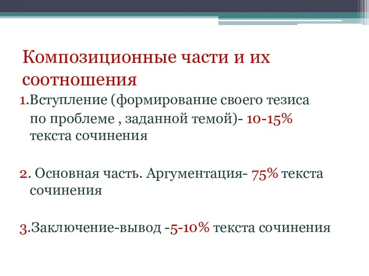 Композиционные части и их соотношения 1.Вступление (формирование своего тезиса по проблеме