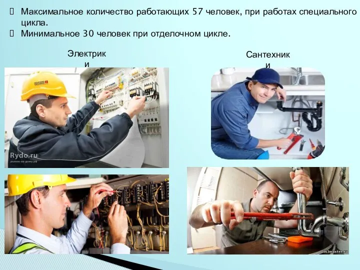 Максимальное количество работающих 57 человек, при работах специального цикла. Минимальное 30