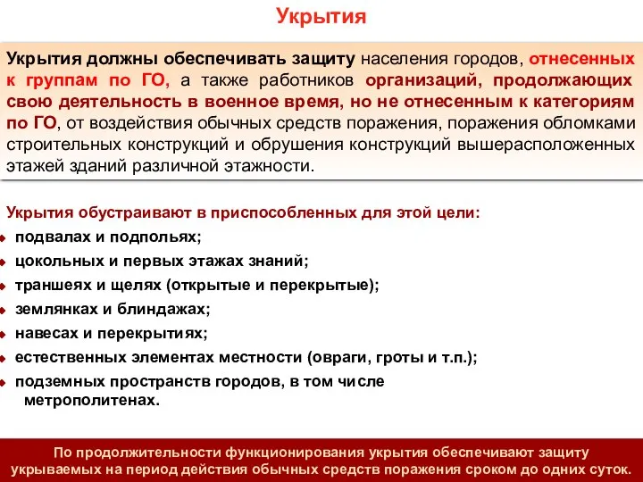 Укрытия Укрытия должны обеспечивать защиту населения городов, отнесенных к группам по