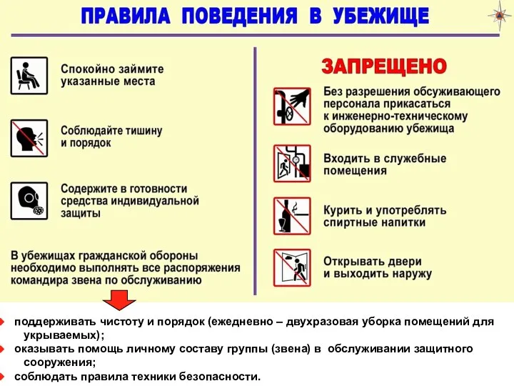 поддерживать чистоту и порядок (ежедневно – двухразовая уборка помещений для укрываемых);