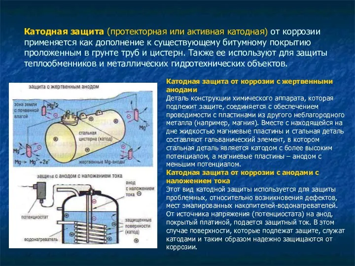 Катодная защита (протекторная или активная катодная) от коррозии применяется как дополнение