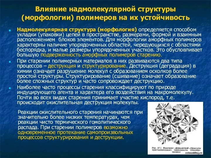 Влияние надмолекулярной структуры (морфологии) полимеров на их устойчивость Надмолекулярная структура (морфология)