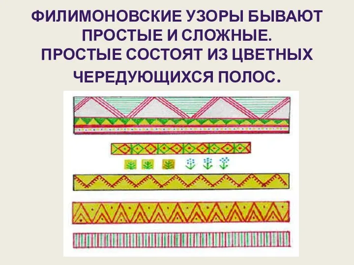 ФИЛИМОНОВСКИЕ УЗОРЫ БЫВАЮТ ПРОСТЫЕ И СЛОЖНЫЕ. ПРОСТЫЕ СОСТОЯТ ИЗ ЦВЕТНЫХ ЧЕРЕДУЮЩИХСЯ ПОЛОС.