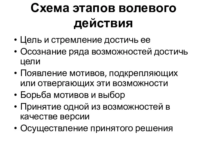 Схема этапов волевого действия Цель и стремление достичь ее Осознание ряда