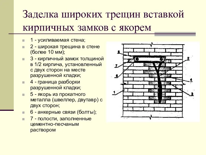 Заделка широких трещин вставкой кирпичных замков с якорем 1 - усиливаемая