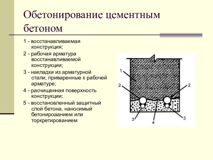 Обетонирование цементным бетоном 1 - восстанавливаемая конструкция; 2 - рабочая арматура