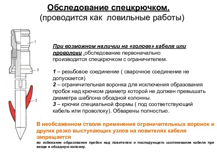 При возможном наличии на «голове» кабеля или проволоки обследование первоначально производится