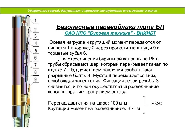 Устранение аварий, допущенных в процессе эксплуатации или ремонта скважин Безопасные переводники