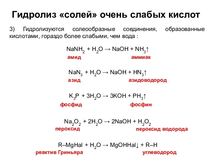 Гидролиз «солей» очень слабых кислот 3) Гидролизуются солеообразные соединения, образованные кислотами,