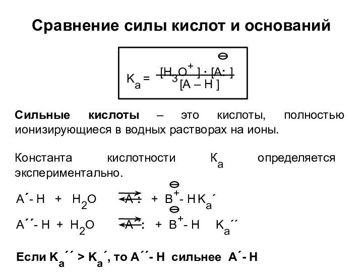 Сравнение силы кислот и оснований Сильные кислоты – это кислоты, полностью