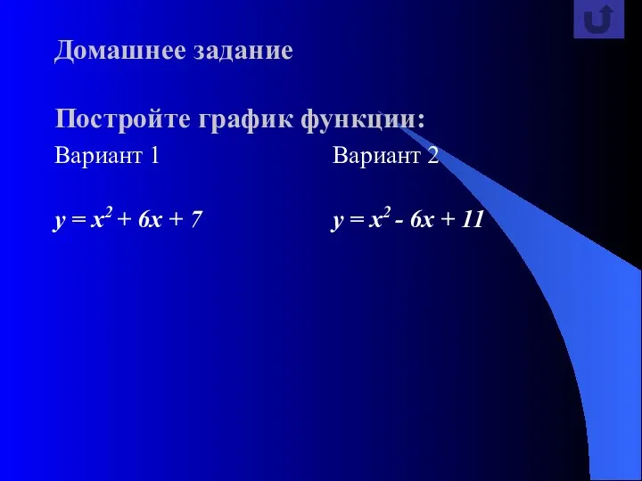 Домашнее задание Постройте график функции: Вариант 1 y = x2 +