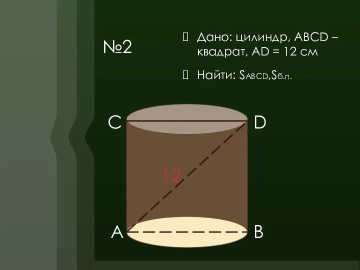 №2 Дано: цилиндр, АВСD – квадрат, АD = 12 см Найти: