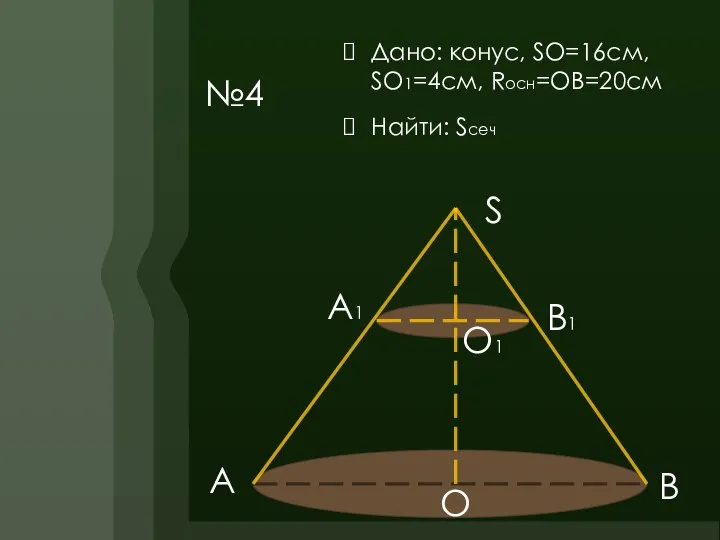 №4 Дано: конус, SO=16см, SO1=4см, Rосн=ОВ=20см Найти: Sсеч S A B O A1 B1 O1