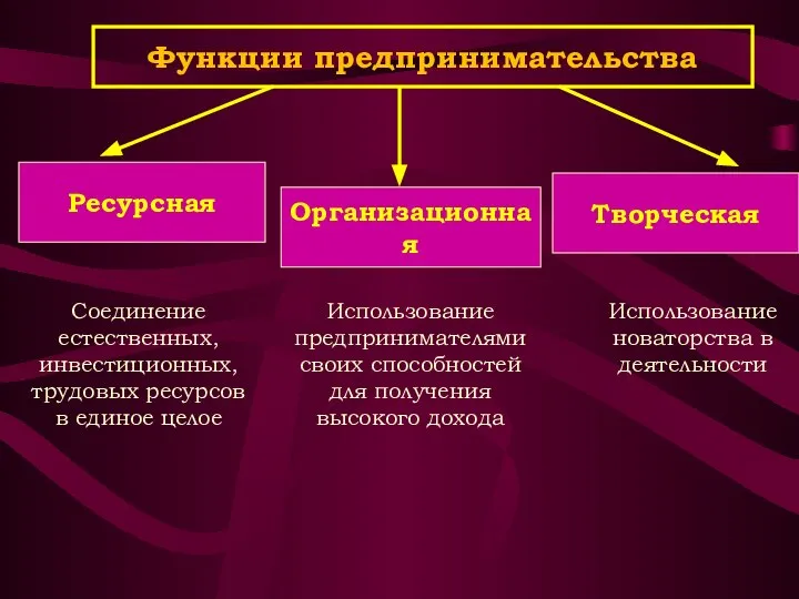 Функции предпринимательства Ресурсная Организационная Творческая Соединение естественных, инвестиционных, трудовых ресурсов в