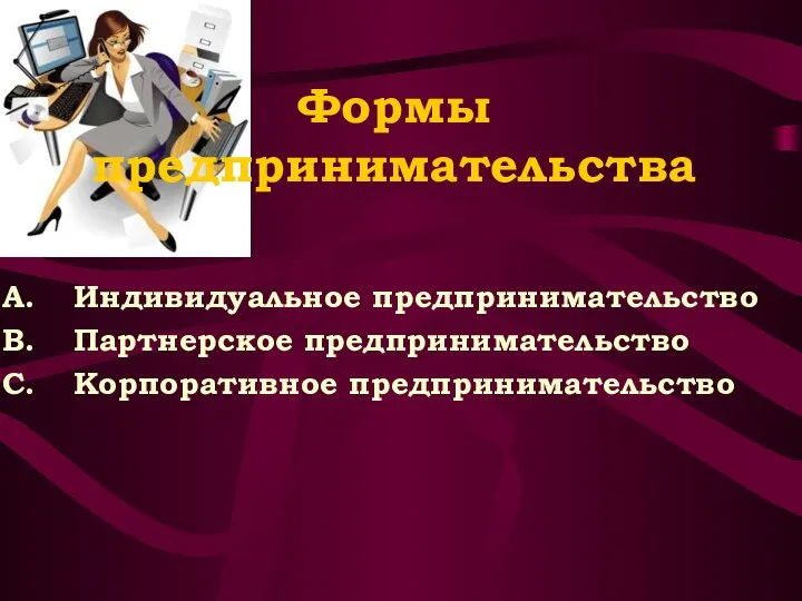 Формы предпринимательства Индивидуальное предпринимательство Партнерское предпринимательство Корпоративное предпринимательство