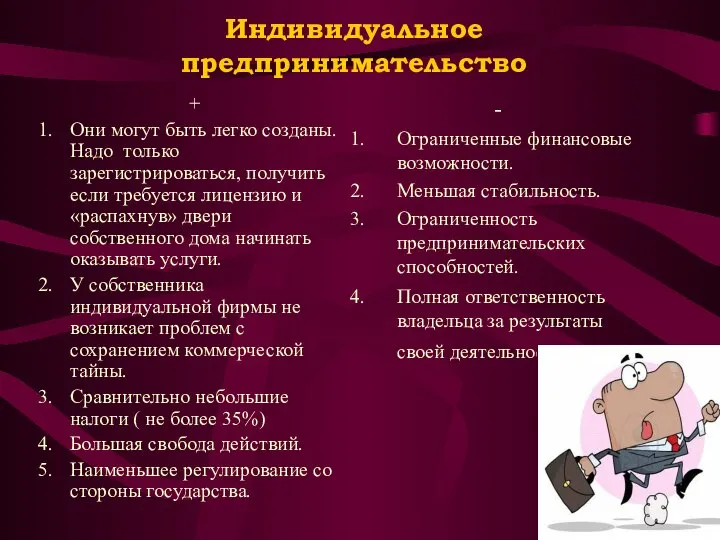 Индивидуальное предпринимательство + Они могут быть легко созданы. Надо только зарегистрироваться,