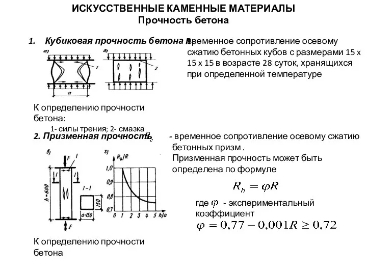 ИСКУССТВЕННЫЕ КАМЕННЫЕ МАТЕРИАЛЫ Прочность бетона Кубиковая прочность бетона R - К