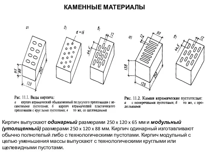 КАМЕННЫЕ МАТЕРИАЛЫ Кирпич выпускают одинарный размерами 250 x 120 x 65