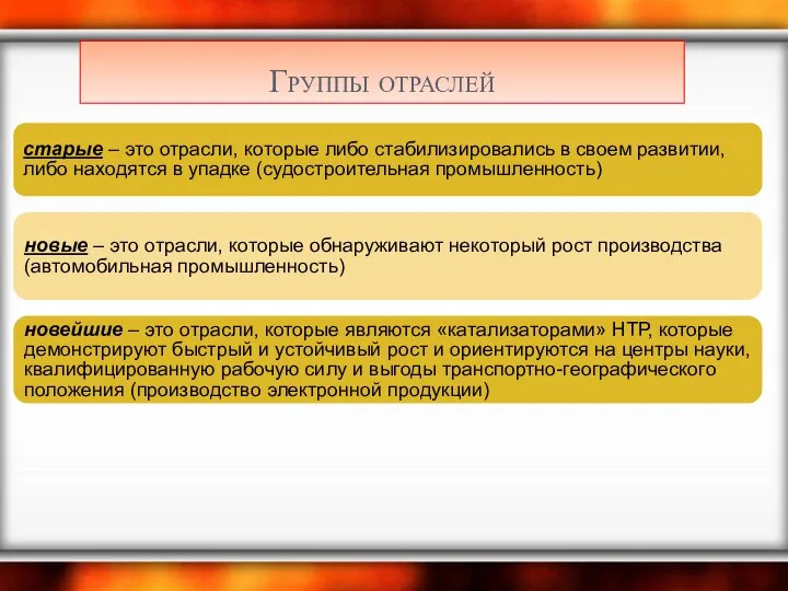 Группы отраслей старые – это отрасли, которые либо стабилизировались в своем