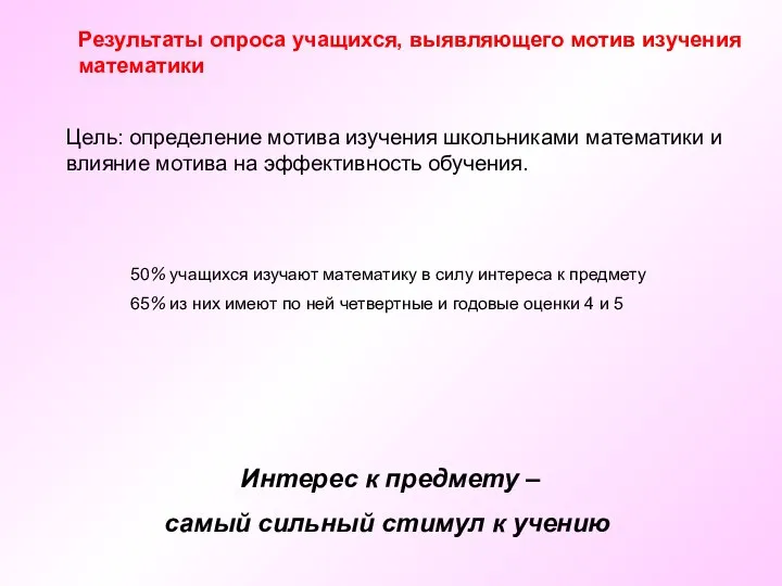 Результаты опроса учащихся, выявляющего мотив изучения математики 50% учащихся изучают математику