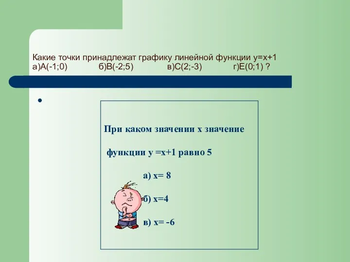 Какие точки принадлежат графику линейной функции у=х+1 а)А(-1;0) б)В(-2;5) в)С(2;-3) г)Е(0;1)