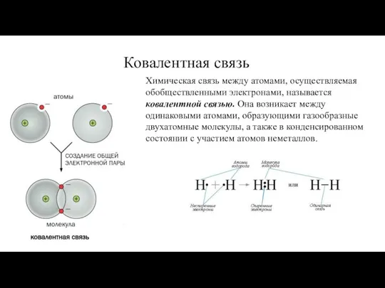 Химическая связь между атомами, осуществляемая обобществленными электронами, называется ковалентной связью. Она