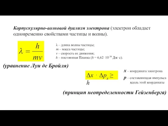 Корпускулярно-волновой дуализм электрона (электрон обладает одновременно свойствами частицы и волны). λ