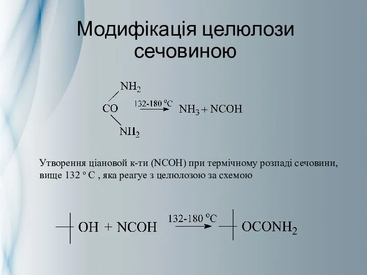 Модифікація целюлози сечовиною Утворення ціановой к-ти (NCOH) при термічному розпаді сечовини,