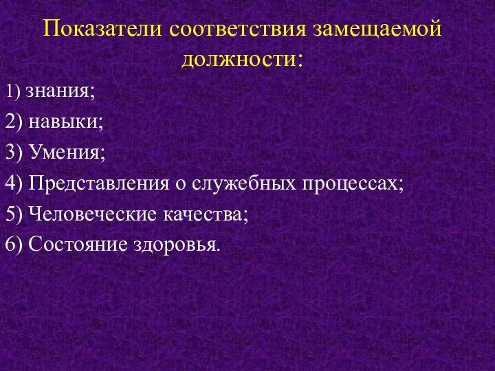 Показатели соответствия замещаемой должности: 1) знания; 2) навыки; 3) Умения; 4)