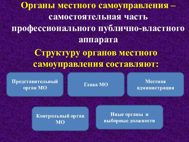 Органы местного самоуправления – самостоятельная часть профессионального публично-властного аппарата Структуру органов