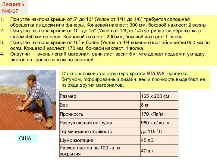 При угле наклона крыши от 5° до 10° (Уклон от 1/11