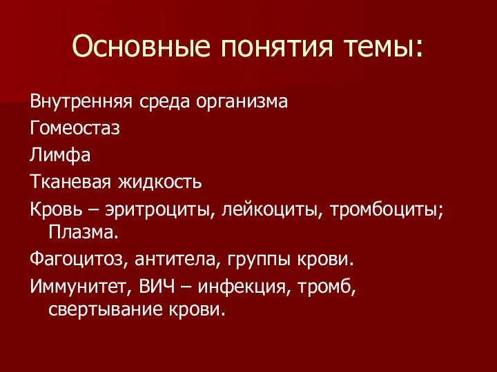 Основные понятия темы: Внутренняя среда организма Гомеостаз Лимфа Тканевая жидкость Кровь