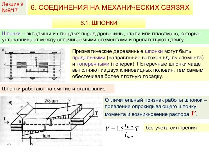 Лекция 9 №9/17 6. СОЕДИНЕНИЯ НА МЕХАНИЧЕСКИХ СВЯЗЯХ 6.1. ШПОНКИ Шпонки