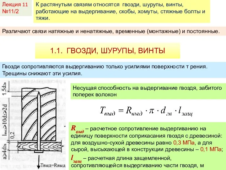 Лекция 11 №11/2 1.1. ГВОЗДИ, ШУРУПЫ, ВИНТЫ К растянутым связям относятся