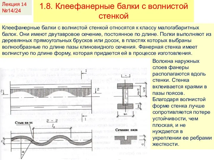 Лекция 14 №14/24 1.8. Клеефанерные балки с волнистой стенкой Клеефанерные балки