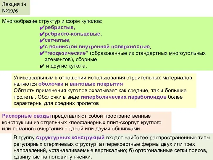 Лекция 19 №19/6 Многообразие структур и форм куполов: ребристые, ребристо-кольцевые, сетчатые,