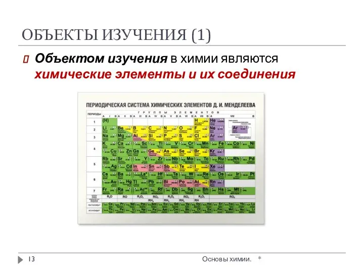 ОБЪЕКТЫ ИЗУЧЕНИЯ (1) * Основы химии. Объектом изучения в химии являются химические элементы и их соединения