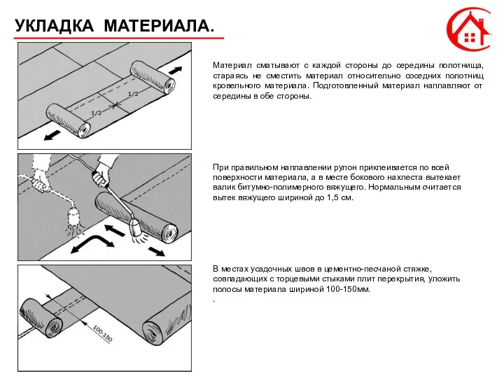 УКЛАДКА МАТЕРИАЛА. Материал сматывают с каждой стороны до середины полотнища, стараясь