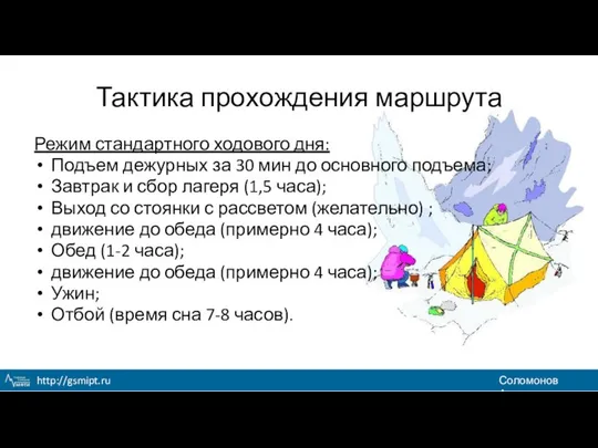 Тактика прохождения маршрута Режим стандартного ходового дня: Подъем дежурных за 30