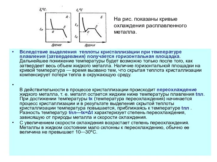 Вследствие выделения теплоты кристаллизации при температуре плавления (затвердевания) получается горизонтальная площадка.