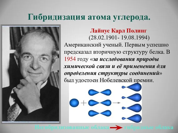 Гибридизация атома углерода. Лайнус Карл Полинг (28.02.1901- 19.08.1994) Американский ученый. Первым