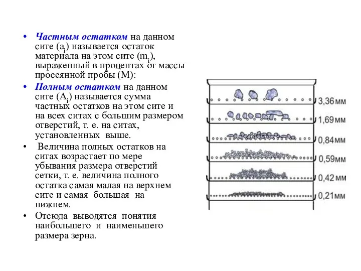 Частным остатком на данном сите (ai) называется остаток материала на этом