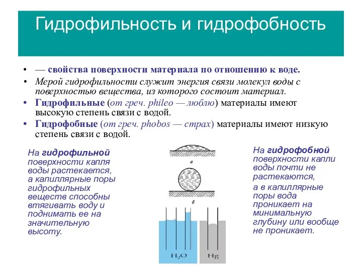 Гидрофильность и гидрофобность — свойства поверхности материала по отношению к воде.