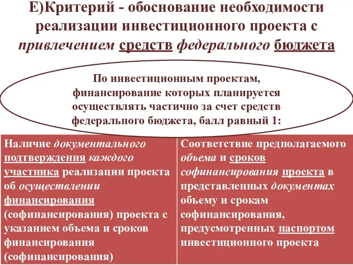 Е)Критерий - обоснование необходимости реализации инвестиционного проекта с привлечением средств федерального