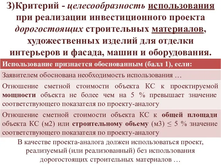 З)Критерий - целесообразность использования при реализации инвестиционного проекта дорогостоящих строительных материалов,