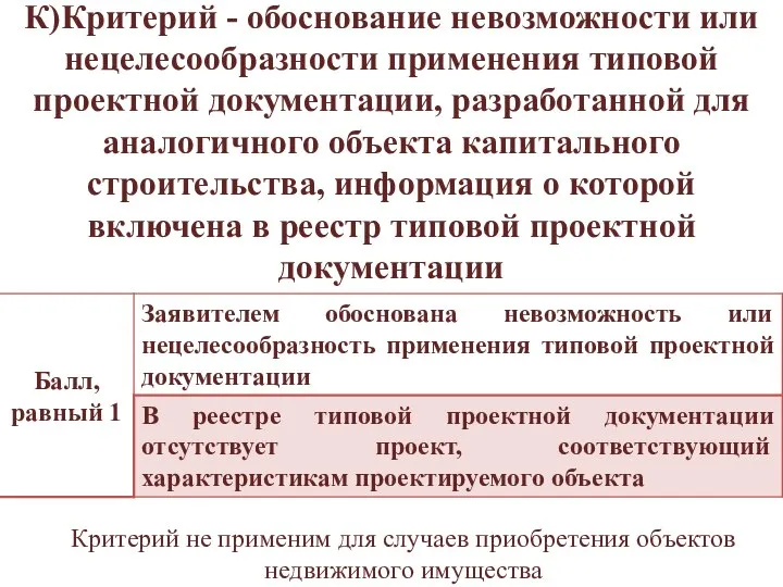 К)Критерий - обоснование невозможности или нецелесообразности применения типовой проектной документации, разработанной