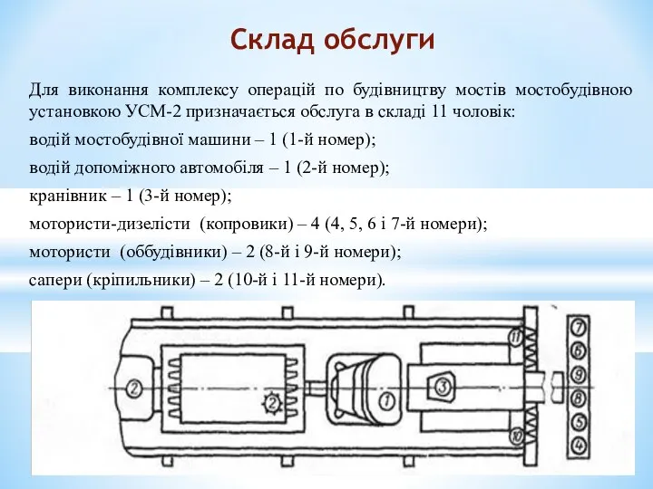 Для виконання комплексу операцій по будівництву мостів мостобудівною установкою УСМ-2 призначається