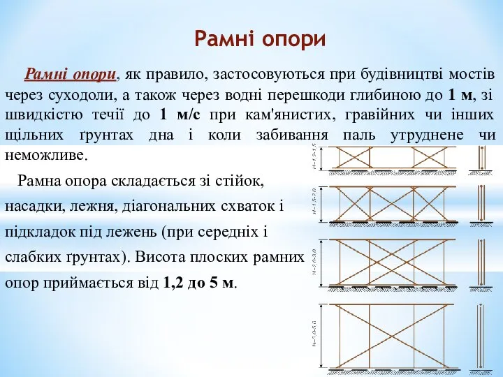 Рамні опори, як правило, застосовуються при будівництві мостів через суходоли, а