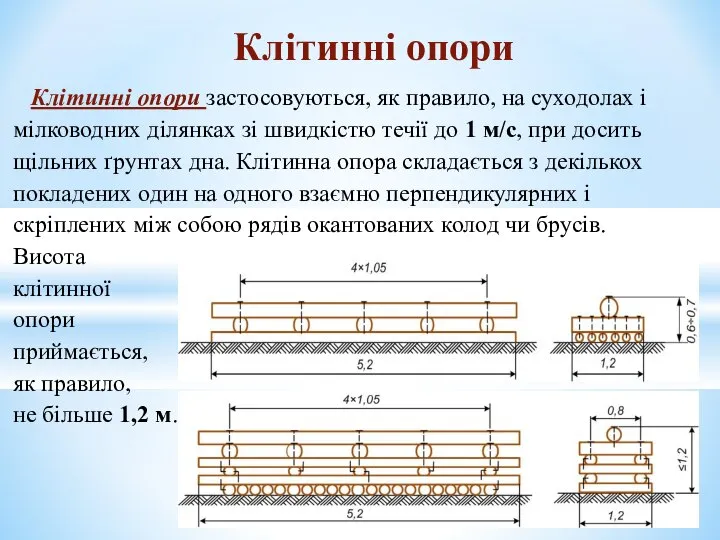 Клітинні опори застосовуються, як правило, на суходолах і мілководних ділянках зі