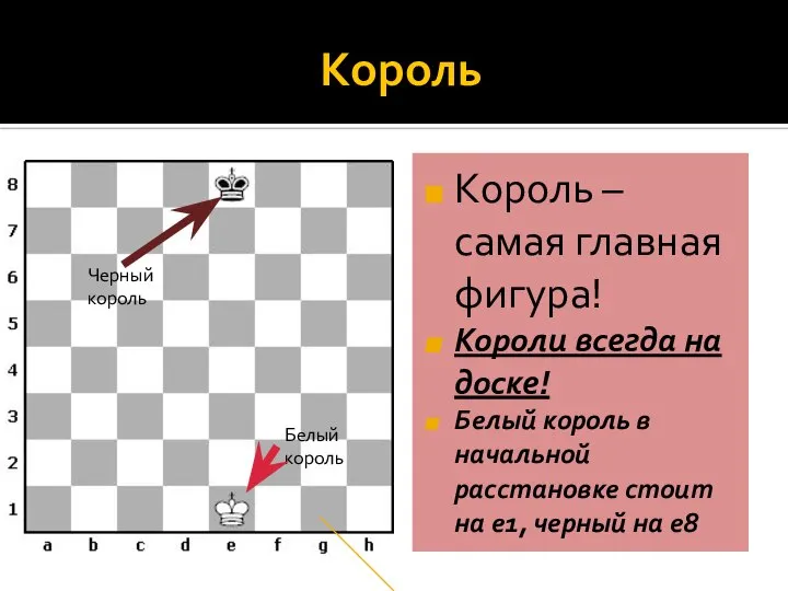 Король Король – самая главная фигура! Короли всегда на доске! Белый